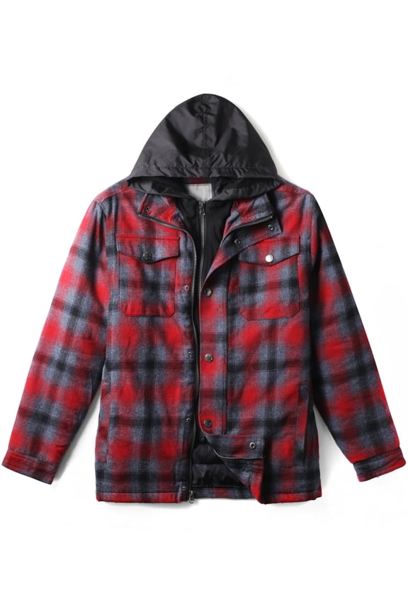Mens Long Sleeve Padded Flannel Jacket with Hood
