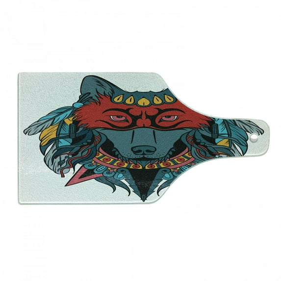 Tribal Cutting Board, Warrior Wolf Portrait with Feathers Animal Art, Decorative Tempered Glass Cutting and Serving Board, Wine Bottle Shape, Teal White and Red, by Ambesonne