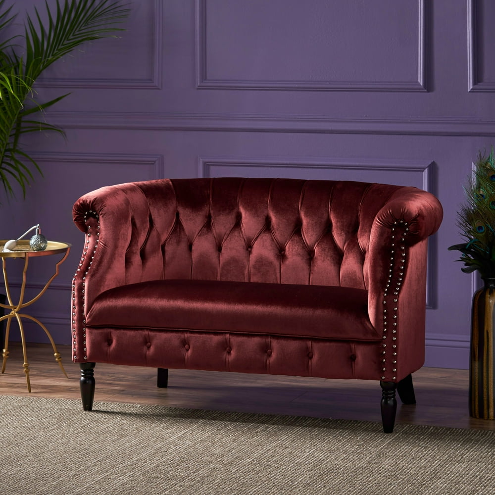 Melaina Tufted Chesterfield Velvet Loveseat with Scrolled Arms,