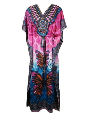 Mogul Women Kaftan Maxi Dress, Pink Butterfly Jewel Printed Kaftan, Summer Bohemian Lounger Caftan One Size