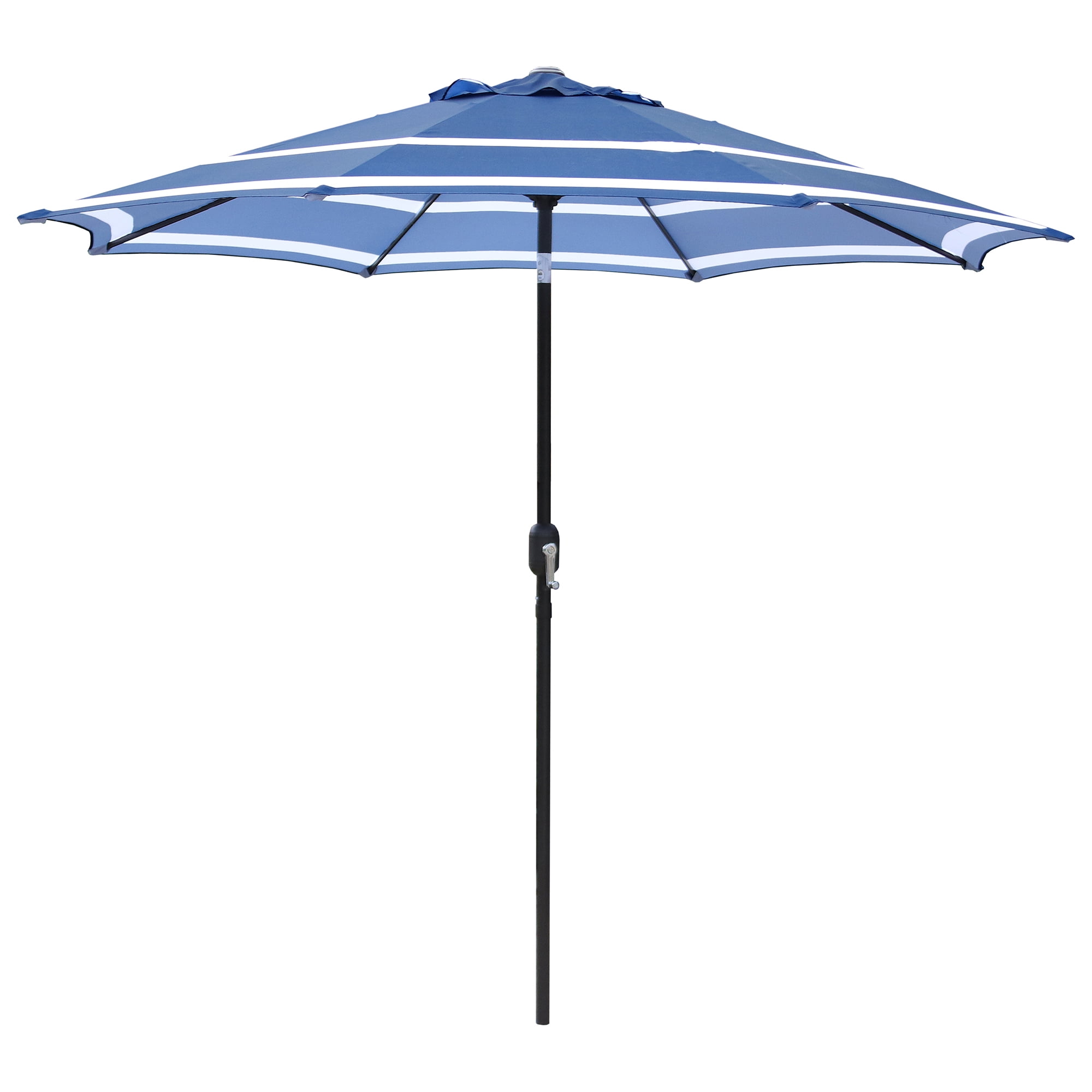 Abble Outdoor 9ft Patio Umbrella with Crank Handle and Push Button Tilt, Outdoor Market Umbrella with 8 Ribs, Blue & White Stripe