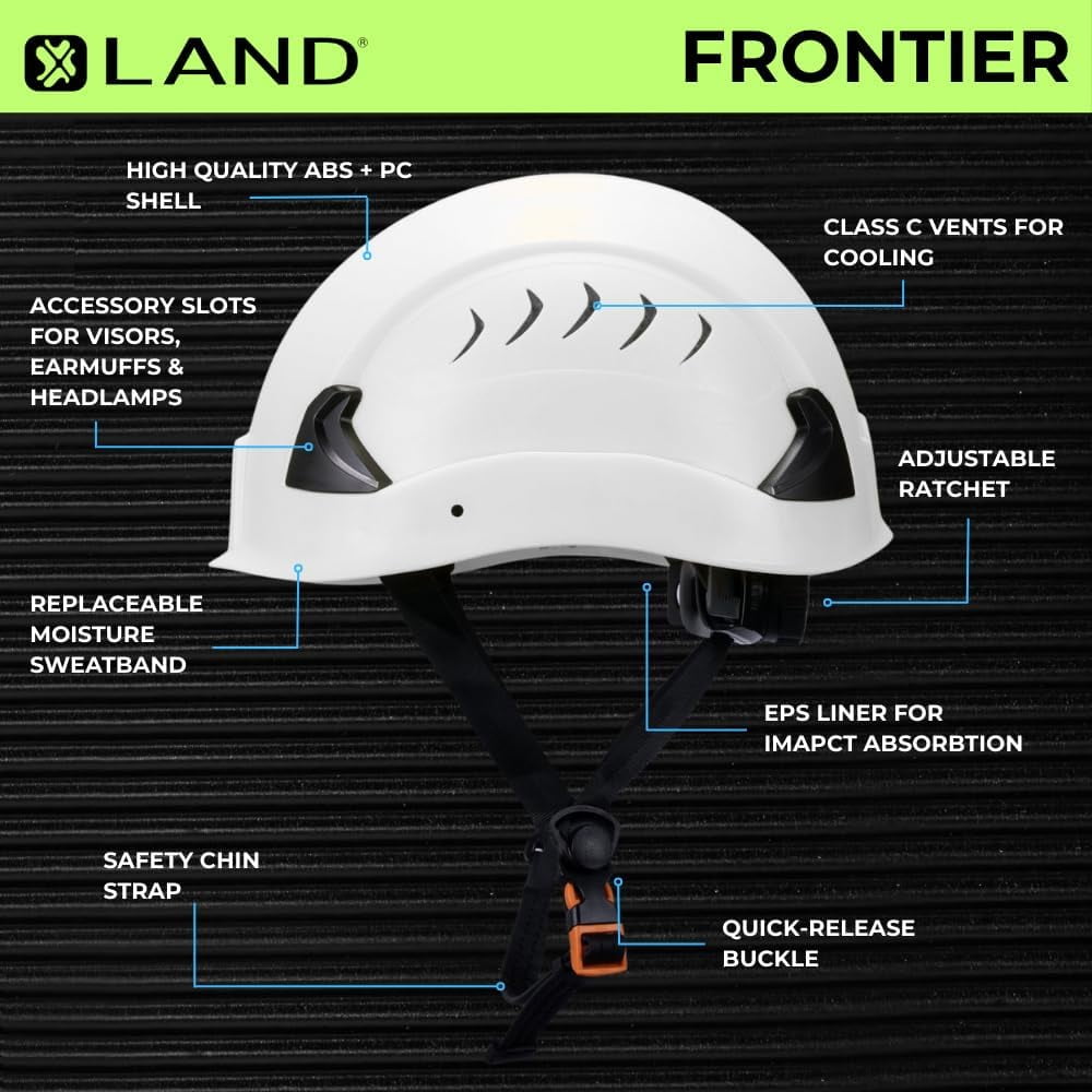 Land Helmets Frontier Type 2 Class C Vented Safety Helmet - ANSI/ISEA Z89.1 Type II OSHA Compliant Hard Hat - White