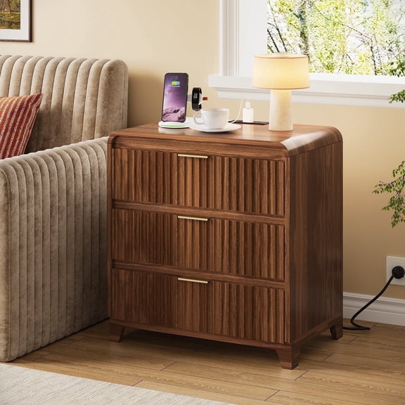 Fnkosi Fluted Nightstand with 3 Drawer Dresser,Modern Wood Bedside Table with Charging Station,for Bedroom,Living Room,Walnut Color