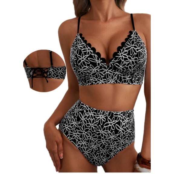 SHEWIN Swimsuit Women Embroidered Floral Textured Bikini Sets 2 Piece High Waisted Bathing Suits Lace Up Back Scalloped V Neck Swimwear