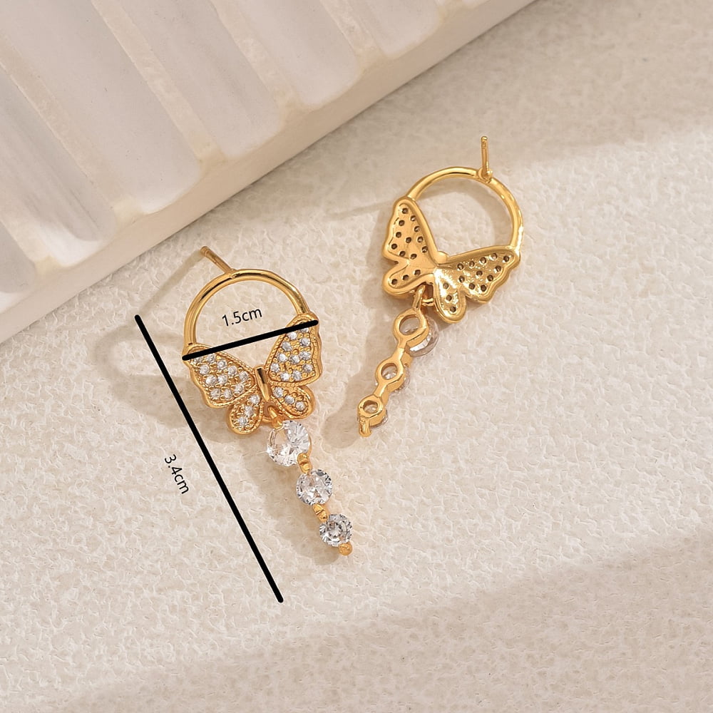 Elegant Butterfly Brass Pave Clear Cubic Zirconia Dangle Stud Earrings DIY Golden 34x15mm