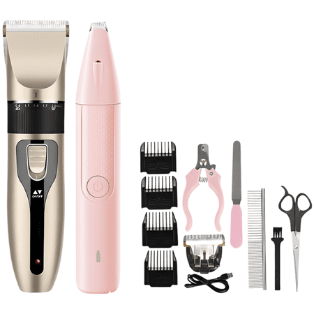 13-Piece Pet Grooming Kit Low Noise Pet Clippers with Replaceable Blade Head Incl 4 Limit Combs Nail Grinder Nail Clipper File Comb Shear Brush Oil USB Cable and Foot Hair Trimmer