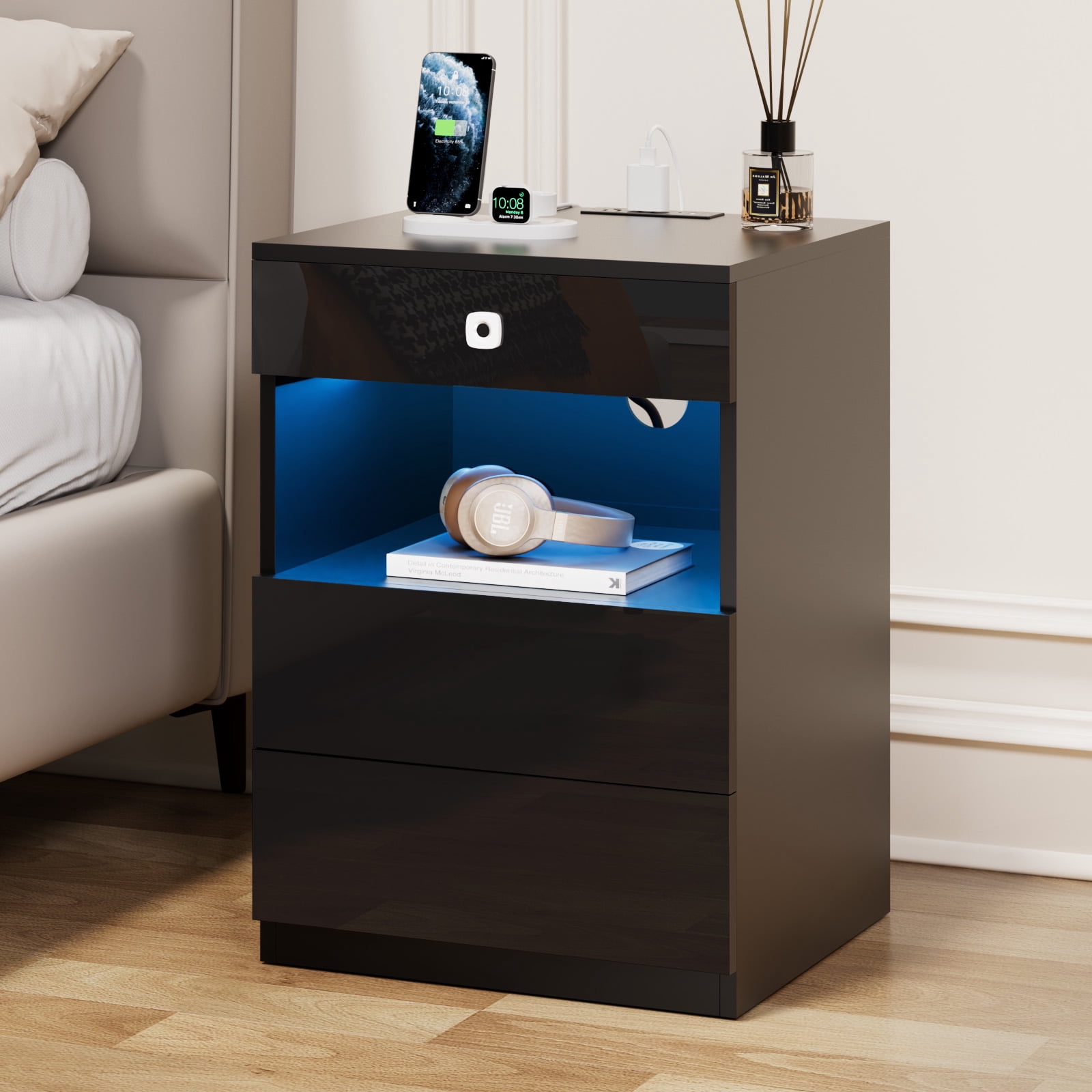 Hommpa Biometric Fingerprint Lock Nightstand with Charging Station, Black Smart LED Bedside Table with Lockable Drawer for Gun Safe, Modern High Gloss 3 Drawers End Table for Bedroom