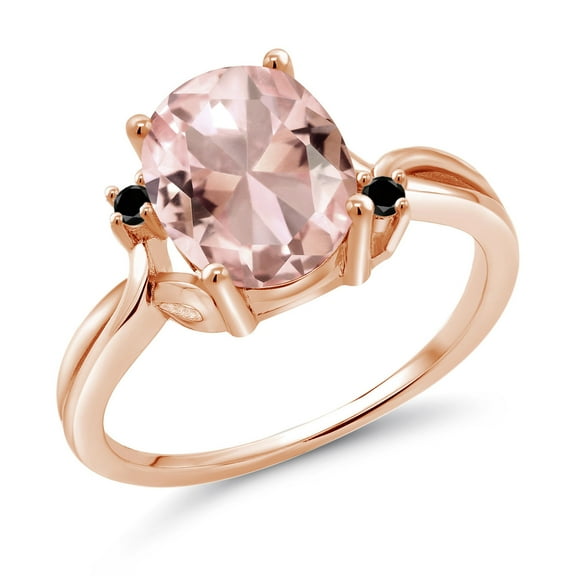 Gem Stone King 18K Rose Gold Plated Silver Peach Nano Morganite and Black Diamond 3 Stone Ring for Women (2.35 Cttw, Oval 10X8MM, Gemstone October Birthstone, Size 6)