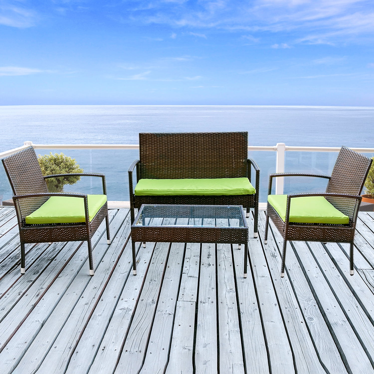 Kepooman 4 Piece Patio Ratten Dining Set, Outdoor Sofa Seating Group with Cushions - Green Kepooman 4 Piece Patio Ratten Dining Set, Outdoor Sofa Seating Group with Cushions - Green