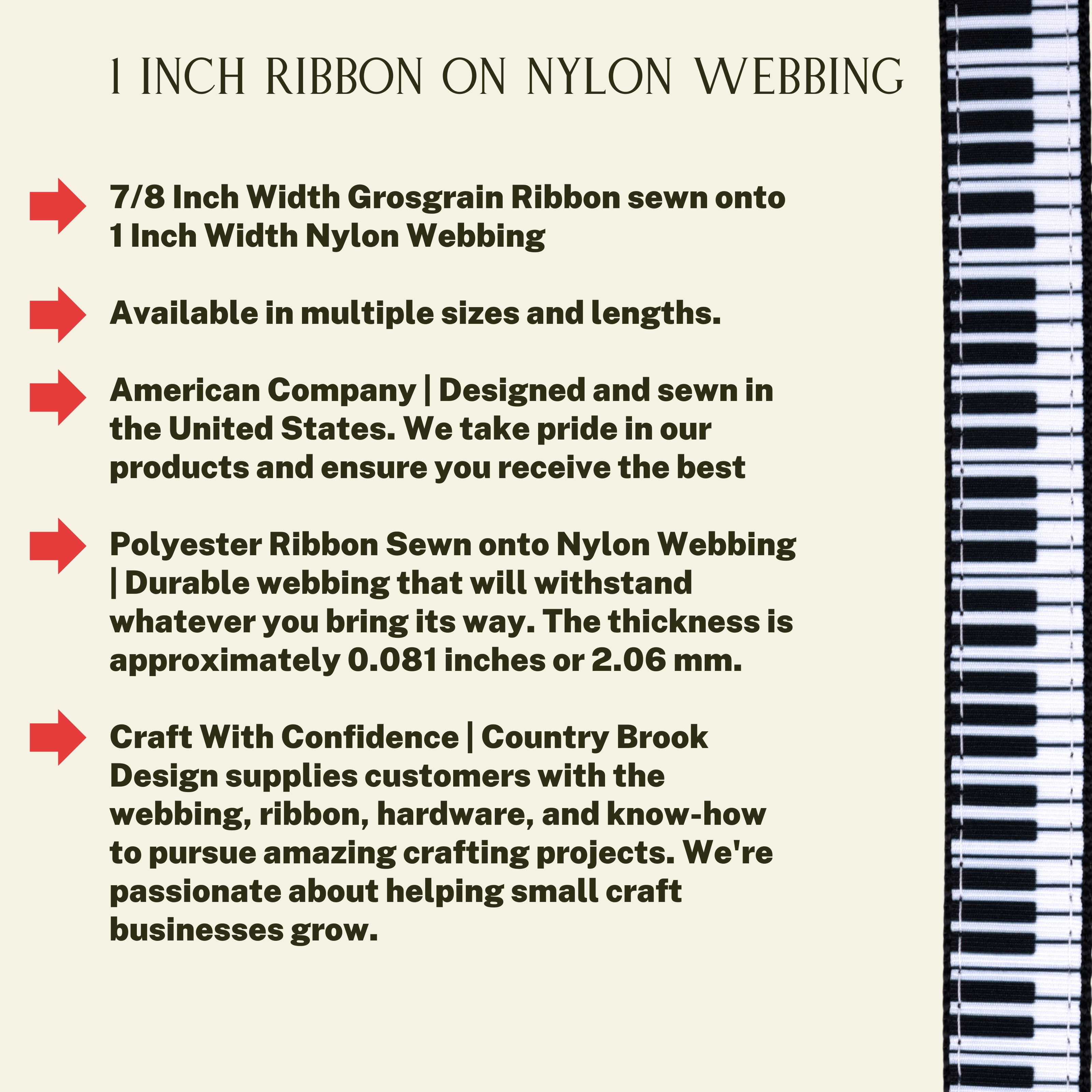Country Brook Design® 1 Inch Piano Keys Ribbon on Black Nylon Webbing, 10 Yards