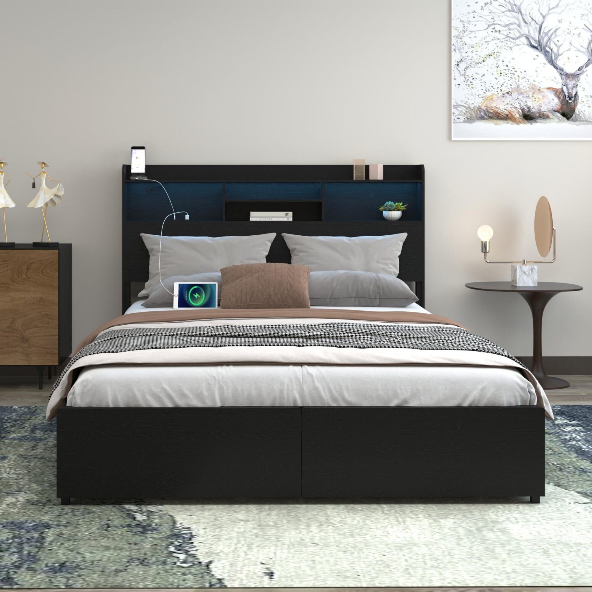 AENKYO Full Size Bed Frame with 6 Storage Drawers & LED Lights - Storage Headboard with Charging, Noise-Free, Black