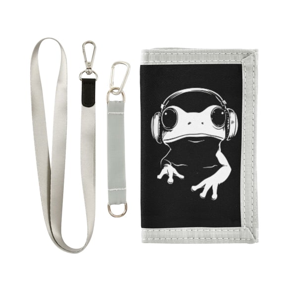 JIALIOU Nylon Trifold Card Wallet with ID Window Zipper Pocket for Men Women Teen Cute Frog Wearing Headphones