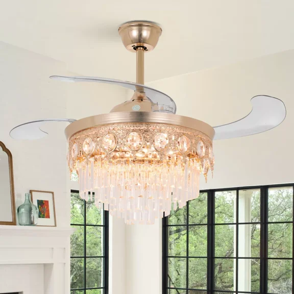 AFANQI 42in Luxury Crystal Chandelier Reversible Ceiling Fan w/Remote 3-Colors 6-Speeds