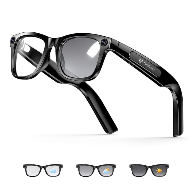 gafas inteligentes earlysincere 2026 con cámara 4k de 8 mp y bluetooth — Montura negra wayfarer en vista 3/4 con cámara integrada en la esquina externa de cada lente, varillas flexibles TR90 con placa y logo EarlySincere, lentes fotocromáticas que muestran tintado variable, bisagras metálicas y canales de disipación; opción manos libres adecuada para grabar POV en viajes cortos.