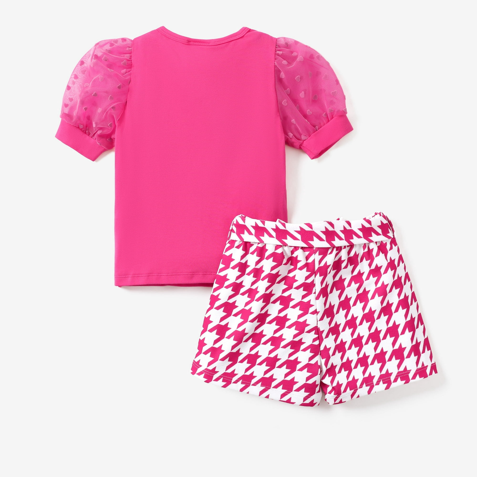 Barbie Kid Girls Letter Pint Puff Sleeves Top with Houndstooth Bowknot Short 2 Pcs Outfit Set Sizes 3-10