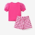 thumbnail image 6 of Barbie Kid Girls Letter Pint Puff Sleeves Top with Houndstooth Bowknot Short 2 Pcs Outfit Set Sizes 3-10, 6 of 6