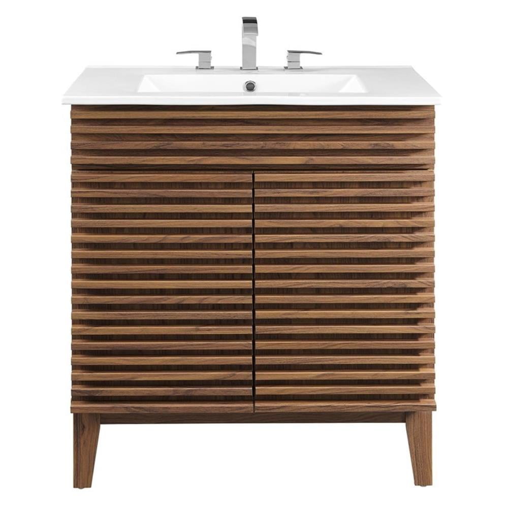 Modway Render 30" Modern Wood Bathroom Vanity Cabinet in Walnut/White