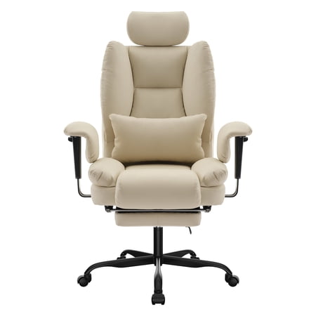 FFZ Ergonomic PU Leather Office Chair with Lumbar Support, Liftable Headrest, and High Backrest, Beige