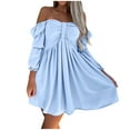 thumbnail image 1 of Dresses for Women 2022 Tube Top Off Shoulder Ruffle Long Sleeve Solid Color Pleated Midi Dress A-Line Dress, 1 of 7