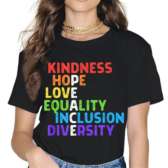 Kindness Hope Love Equality Inclusion Diversity Pride Month LGBTQ Lesbian Gay Women Rainbow T-Shirt Tops Graphics Shirt Casual Crew Neck Shirts Gift Tee Black Small