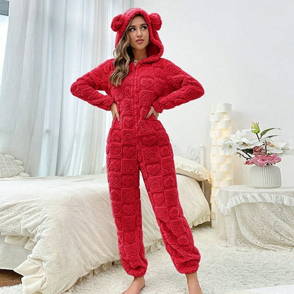 XINXIAOO Warm Coral Women's Hooded Long Sleeve Jumpsuit For Fall And Winter Cozy Pajama Home Wear Cat Suit Dinner Suit Women by Body Women Rompers And Jumpsuits Women's Fashion Overalls Loose Rompers