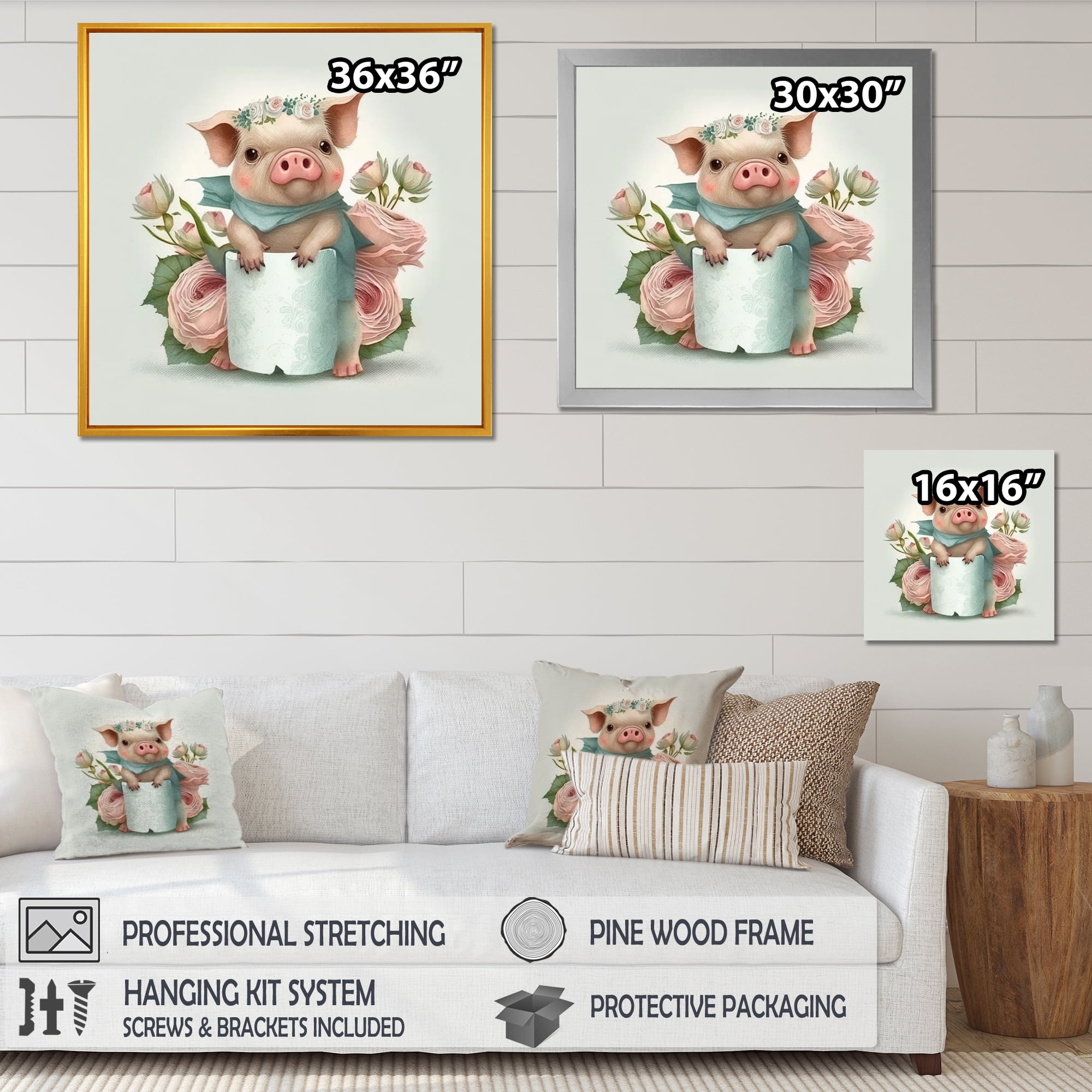 Designart Pig With Roll Of Toilet Paper And Flowers II Canvas Wall Art