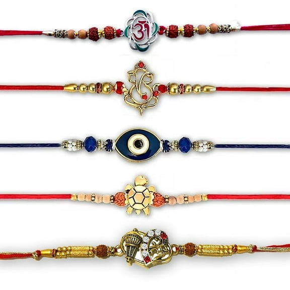 Rakhi for Brother Set of 5 on Raksha Bandhan | Rakih Bracelets Set of 5 | Designer Ganesh OM Rudraksha with Sandalwood Rakhi