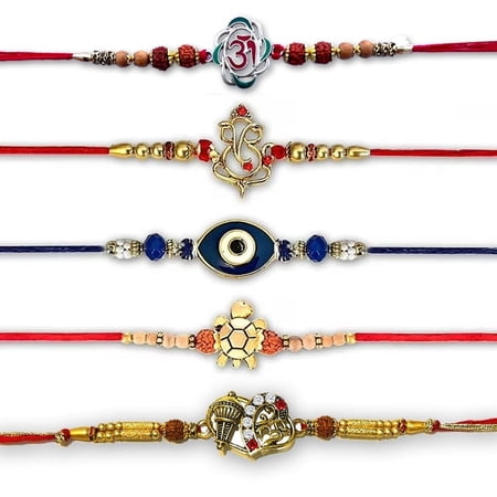 Rakhi for Brother Set of 5 on Raksha Bandhan | Rakih Bracelets Set of 5 | Designer Ganesh OM Rudraksha with Sandalwood Rakhi