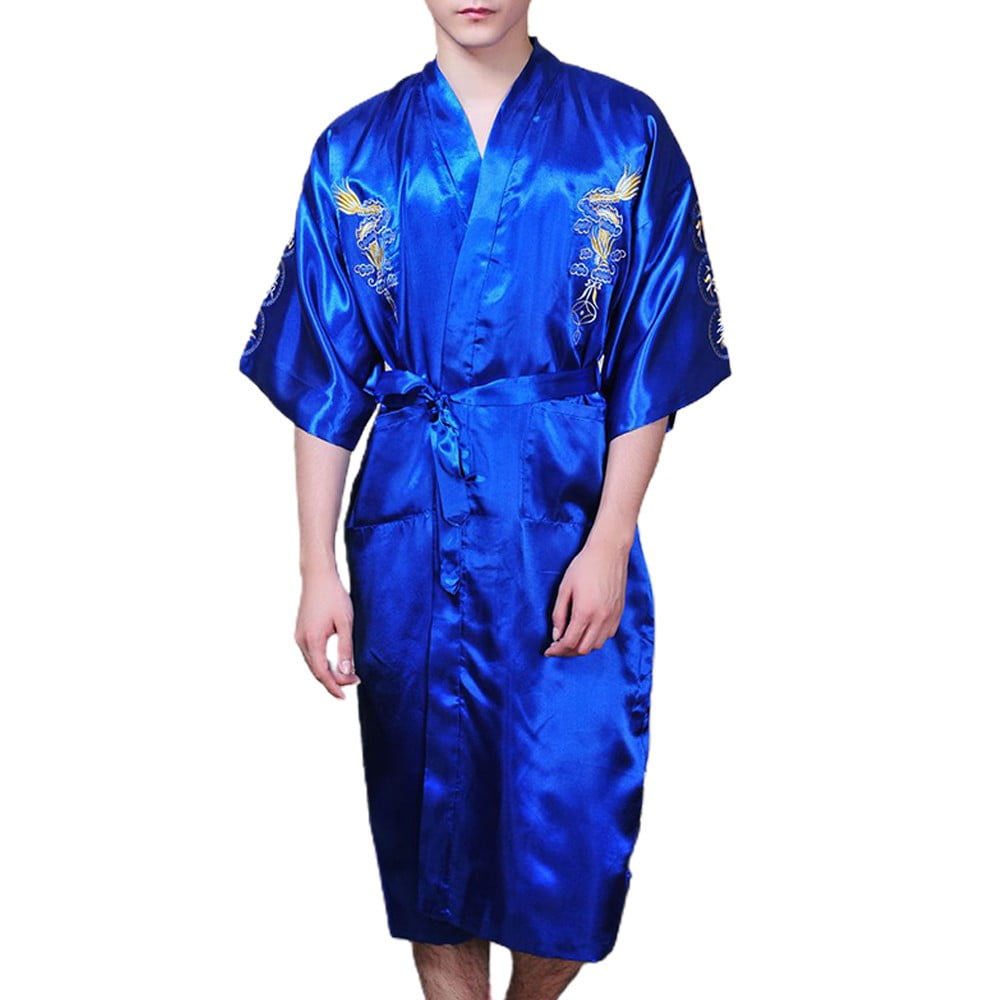 Men Satin Chinese Dragon Kimono Silk Bathrobe Pajamas Sleepwear Gown