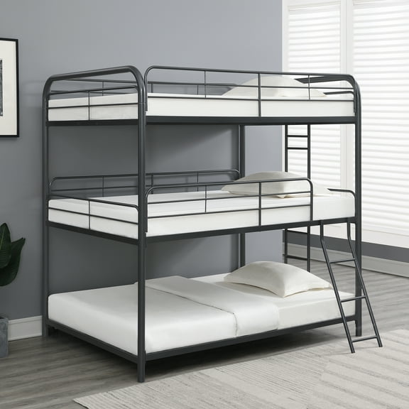 Newest Triple Full Size Bunk Bed - Black Metal Frame, Space-Saving Stacked Design, Noise-Free, No Box Spring Needed, for Shared Bedrooms