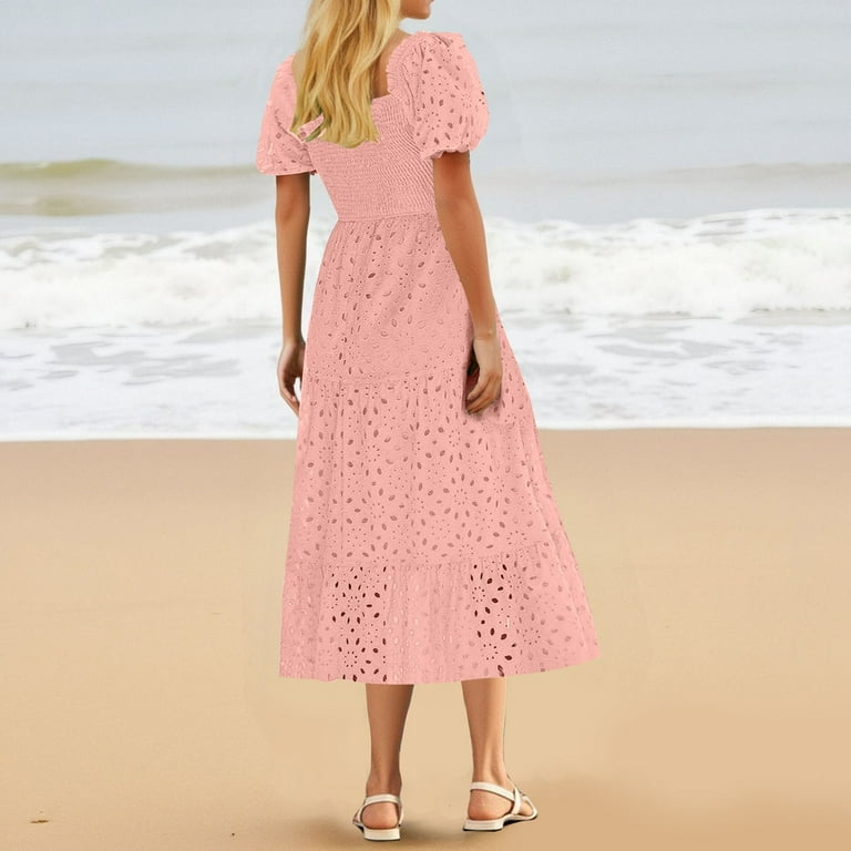 classy beach dresses Weiqiqre for Women Elegant Summer Puff Short Sleeve Maxi Dress Square Neck Smocked Tiered Ruffle A Line Long Flowy Dresses allowing for ease of dior dress Yasmine Wrap Shirt Dress Color:Icy Pink