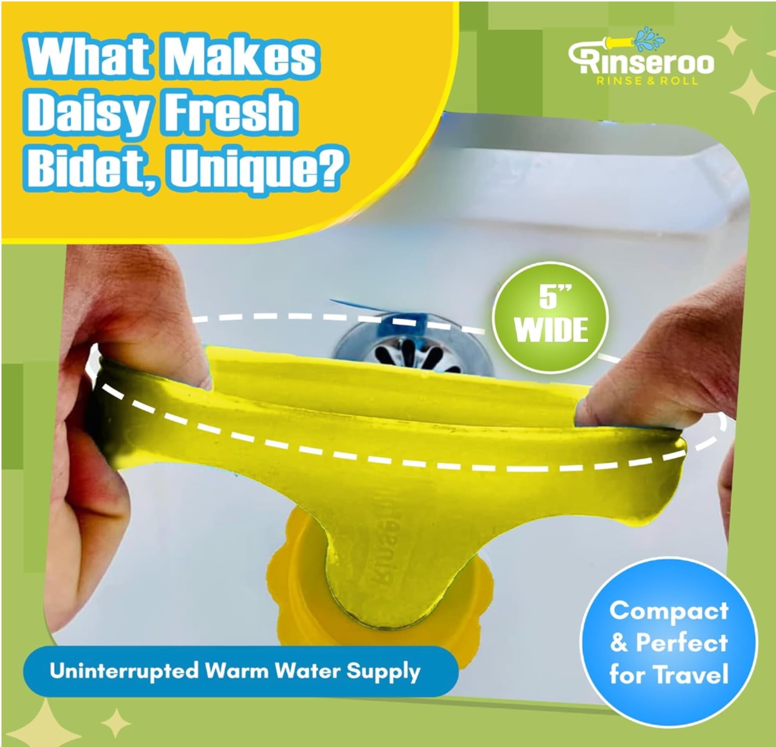 Rinseroo Portable Bidet Hose – Slip-On Shower Attachment for Postpartum, Post-Surgery, Warm Water Hygiene. Handheld Sprayer for Travel, Men, Women, RV. Peri Bottle Alternative, 5ft Hose, 5" Stretch