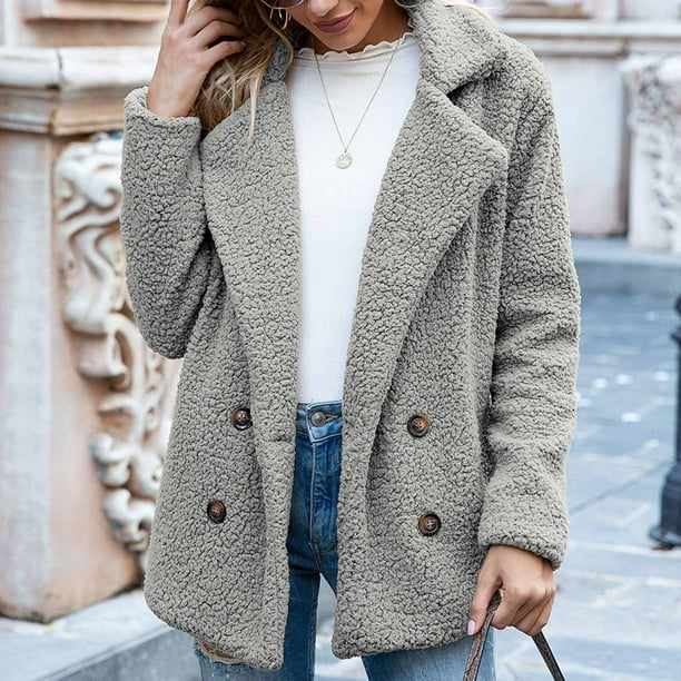 Pntutb Chaqueta para mujer Chaqueta sólida Botón de bolsillo Cuello vuelto Slim Fit Chaqueta cálida mediana y larga Pntutb Pntutb-818