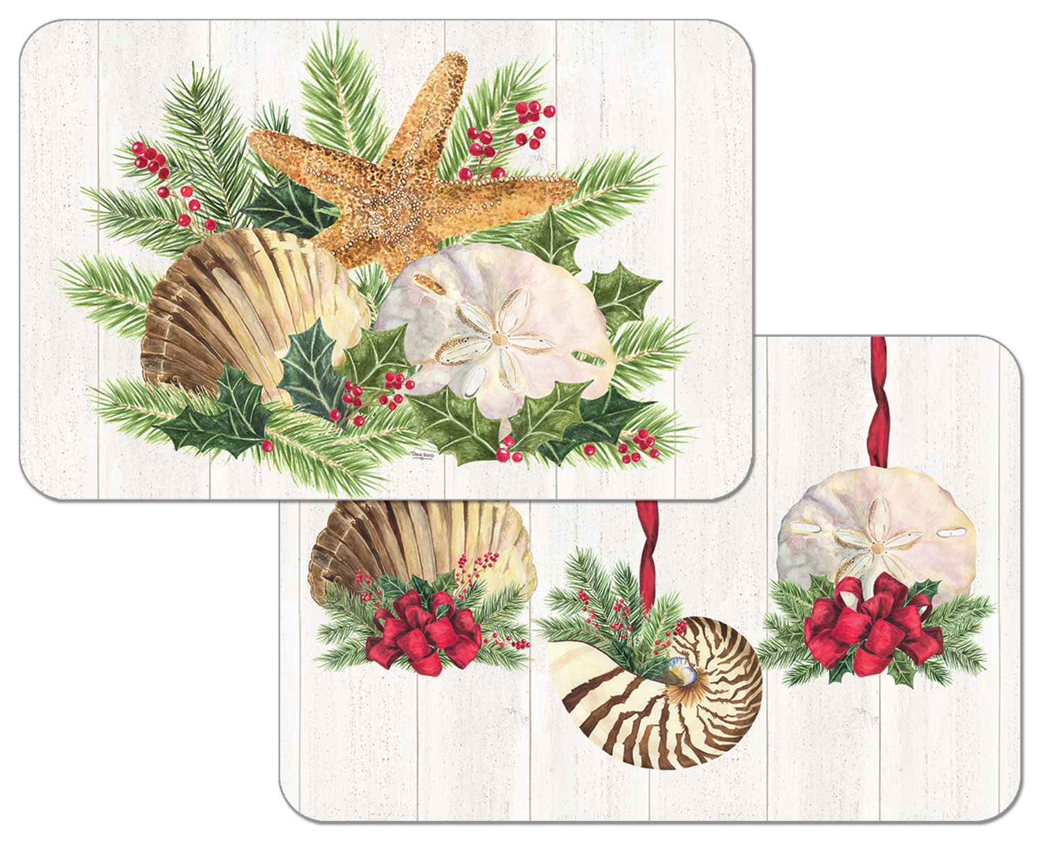 WipeClean Reversible Holiday Placemats, Christmas by The Sea, Set of 2
