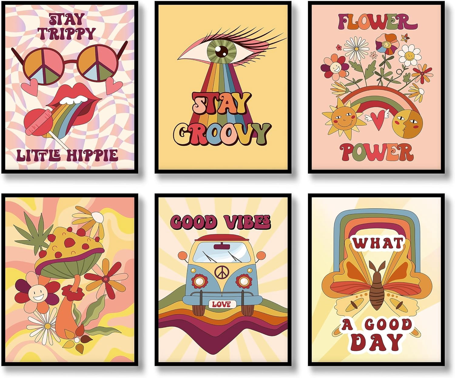 Hippie Wall Art Vintage Wall Decor Prints Set of 6 Hippie Flower
