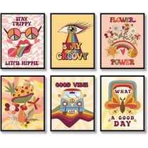 Hippie Wall Art Retro Floral Prints Set of 6 Hippie Flower Canvas Vintage Posters Aesthetic Abstract Happy Face Pictures Boho Positive Photos for Living room Bedroom Decoration 8x10inch Unframed