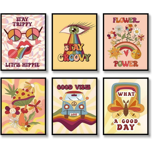 Hippie Wall Art Retro Floral Prints Set of 6 Hippie Flower Canvas Vintage Posters Aesthetic Abstract Happy Face Pictures Boho Positive Photos for Living room Bedroom Decoration 8x10inch Unframed