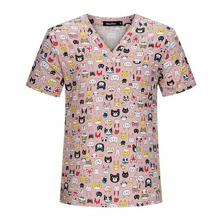 

Sksloeg Scrub Top For Women Summer Cartoon Printed Top Comfortable Easy Lightweight Durable Soft Animal Patterned V-Neck Scrub Top With Pockets Pink XL