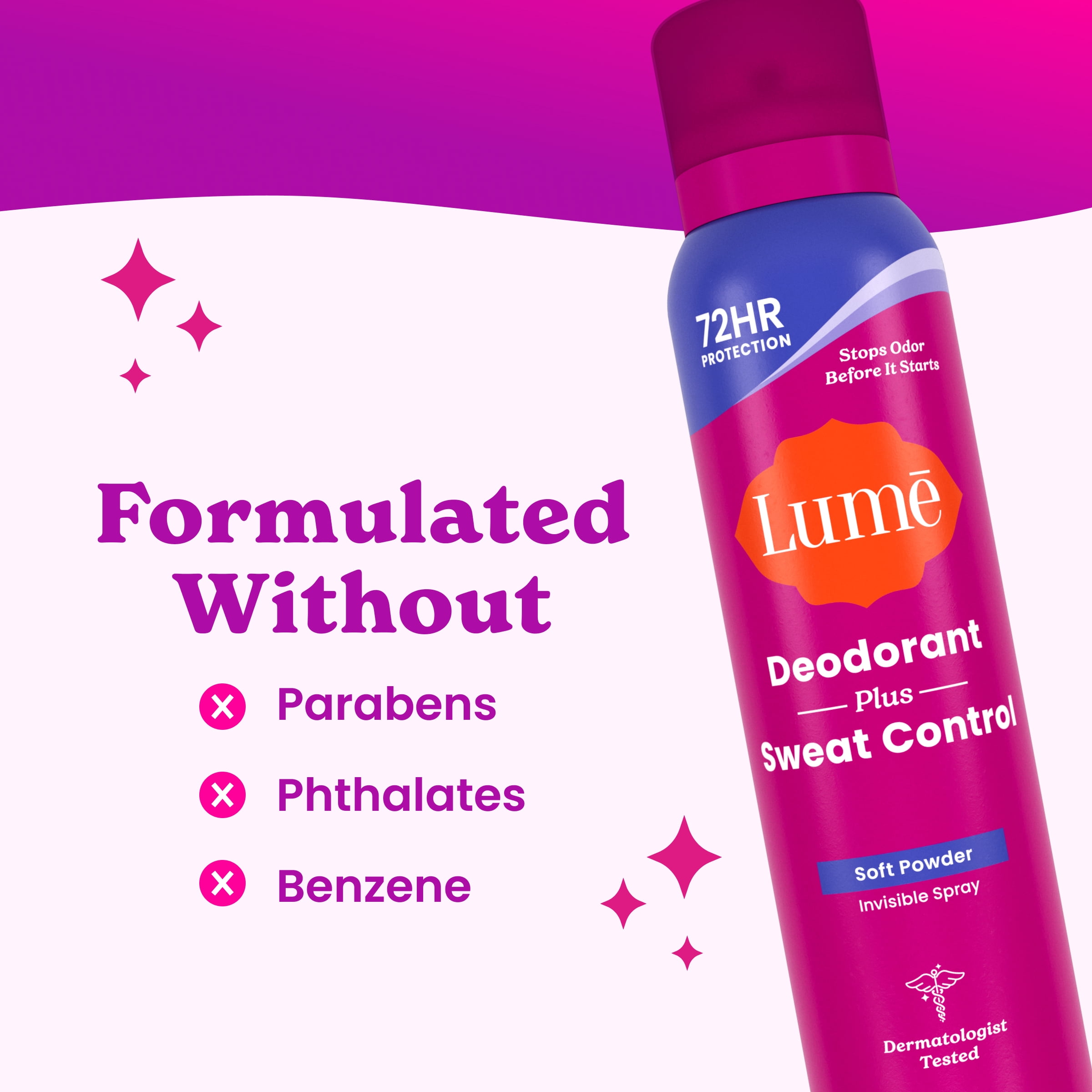 Lume Deodorant Plus Sweat Control Antiperspirant Deodorant Spray, Soft Powder, 4.3 oz