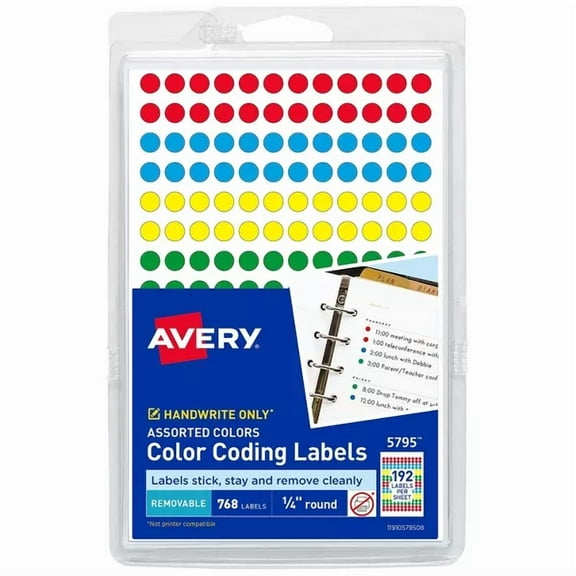 Handwrite Only Removable Round Color-Coding Labels 1/4" dia Assorted 768/Pack