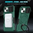 thumbnail image 5 of Case for iPhone 13, with Sliding Camera Cover, with Rotating Finger Ring Holder Magnetic Bracket Hybrid Hand Grip Protective Shockproof Phone Case Cover for iPhone 13 - Darkgreen, 5 of 10