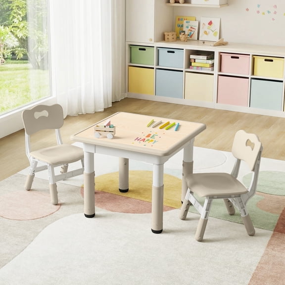 DOREROOM Kids Table and 2 Chairs Set, Height-Adjustable Toddler Table and Chairs Set with Graffiti Desktop, 23.6''L x 23.6''W Children Activity Table for Daycare, Classroom, Home