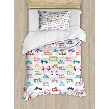 Cars Duvet Cover Set Various Types Of Vehicles Bus Truck Garbage