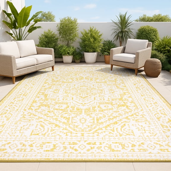 JONATHAN Y SANTA MONICA 9 x 12 Area Rug, Sinjuri Medallion Textured Weave - Yellow/Cream, SMB101I-9