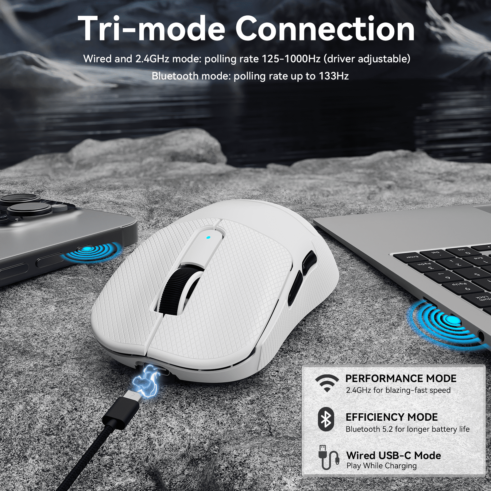 MAMBASNAKE M3 39g SUPERLIGHT Mouse, PixArt PAW3395PRO Gaming Sensor, BT/2.4G Wireless/Wired Gaming Mouse, 6 Adjustable DPI up to 40000, 200 Hrs Battery, Office Mice for PC/Win/Mac - White&Tape