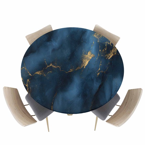 Navy Blue Stone with Gold Stripe Fitted Round Tablecloths Elastic Edged Table Covers 36"-44",Abstract Marble Texture Waterproof Dining Room Kitchen Table Cloth for Holiday Party Tables Decor