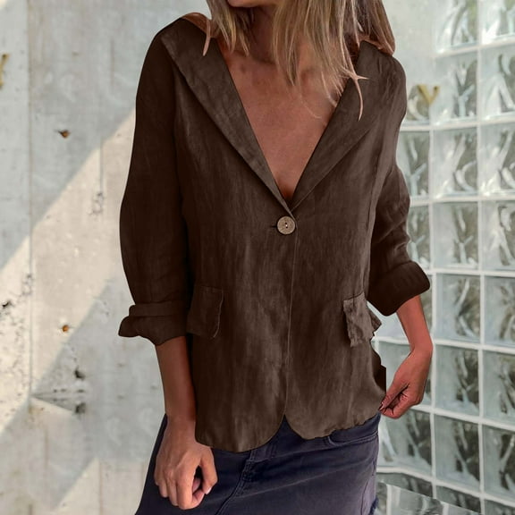 CQONEPT Womens Linen Cotton Blouse Rolled Up V Neck Long Sleeve Shirts Going Out Lightweight Tunic Tops with Pockets Brown M