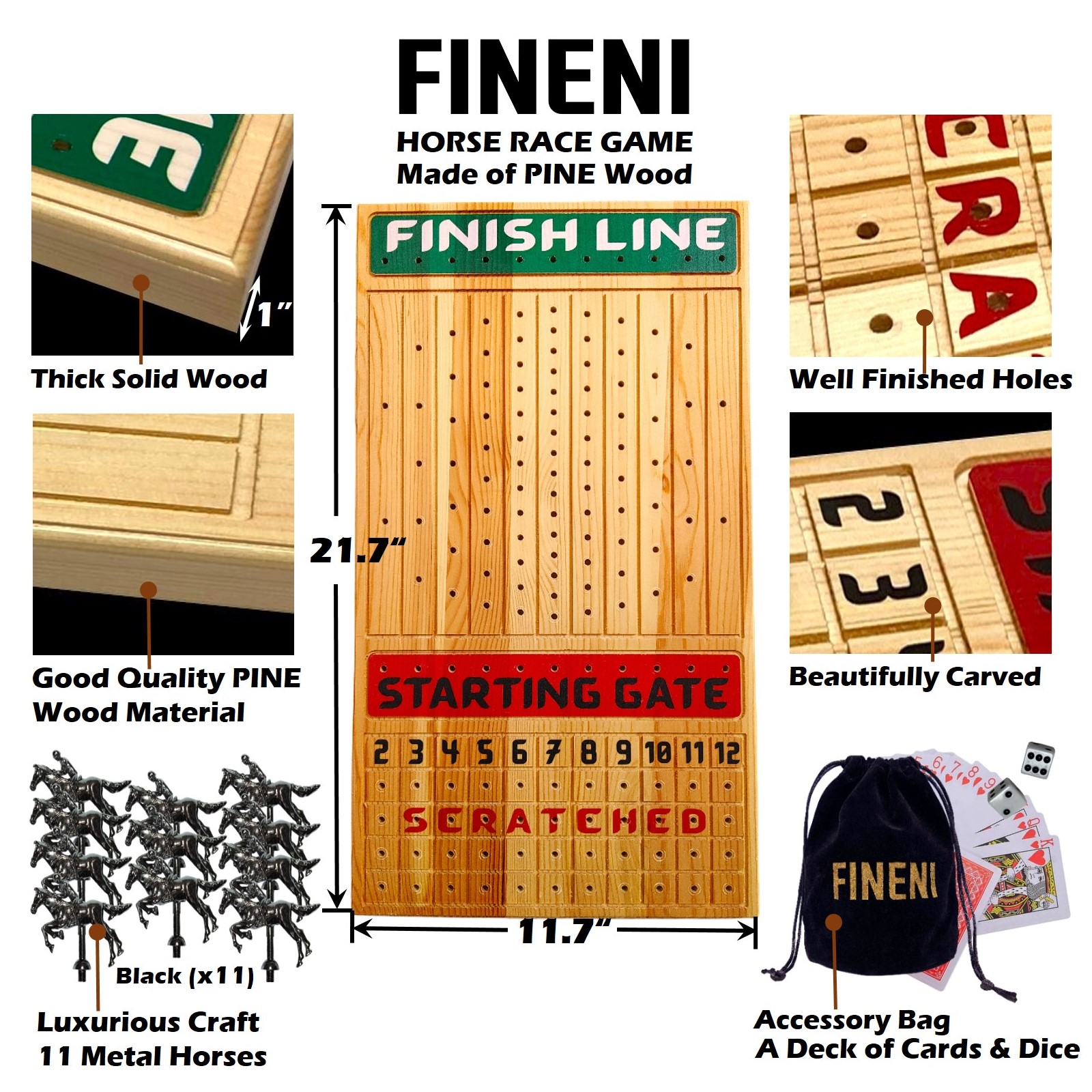 FINENI Horse Racing Game for Adults, Horse Race Board Game with 11 Luxurious Metal Horses (Black), 22” Pine Wood Horse Race Game Board, Dice & Card Included