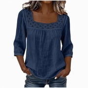 COMVALUE Tummy Hiding Outfits Women, Tops 3/4 Sleeve Gauze Shirts Loose , Summer Casual Beach Vacation (Blue, L)