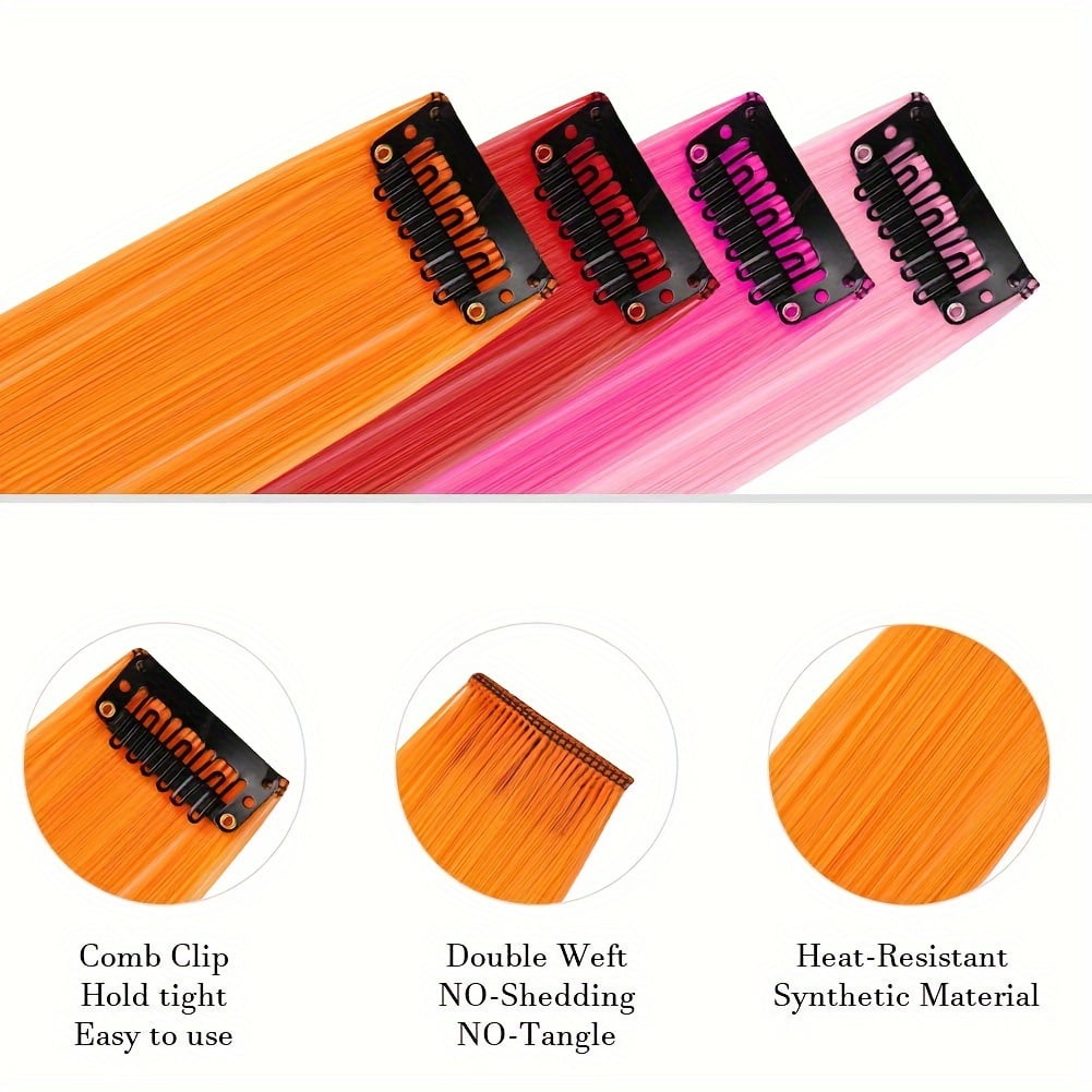 24pcs Clip-In Hair Extensions Set, 22" Mixed Color Straight Synthetic Hairpieces for Women, High Temperature Fiber, Fashionable for Parties, Halloween & Cosplay